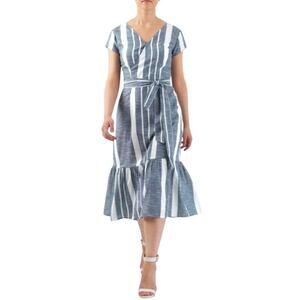 Eshakti Striped Cotton Chambray Flounce Hem Shift Dress Blue White Chic Nautical